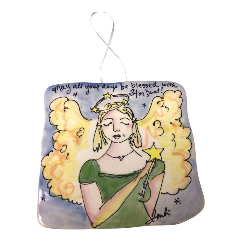 Julia Junkin Angel Star Dust Ceramic Wall Hanging Green and Yellow 6 1/4 inch Sq
